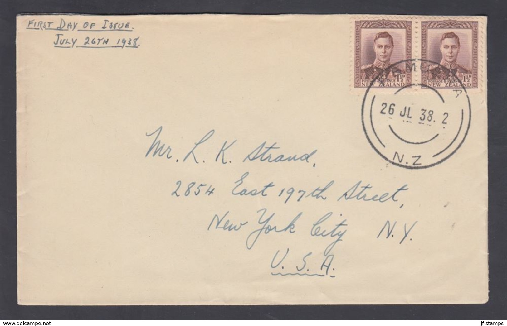 1938. New Zealand. Georg VI 2 Ex 1½ D On FDC 26 JL 1938.  (MICHEL 240) - JF323577 - Lettres & Documents