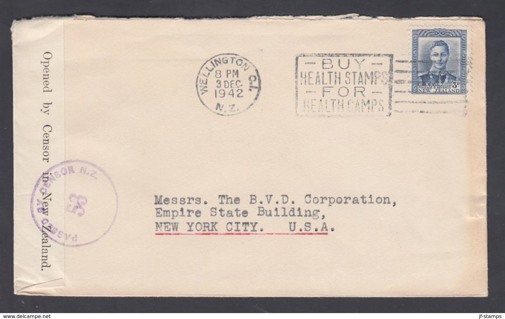 1942. New Zealand. Georg VI 3 D On Cover To New York, USA From WELLINGTON N.Z. 3 DEC ... (MICHEL 243) - JF323582 - Briefe U. Dokumente