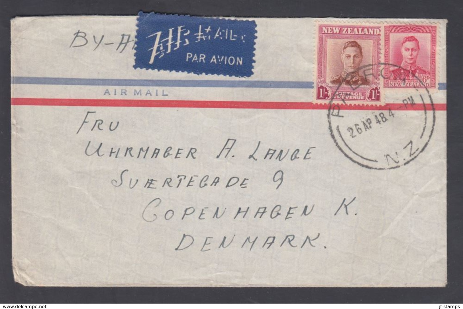 1948. New Zealand. Georg VI 1 Sh. + 6 D On Cover To Denmark From PAEROA 26 AP 48. BY ... (MICHEL 295+) - JF323585 - Brieven En Documenten