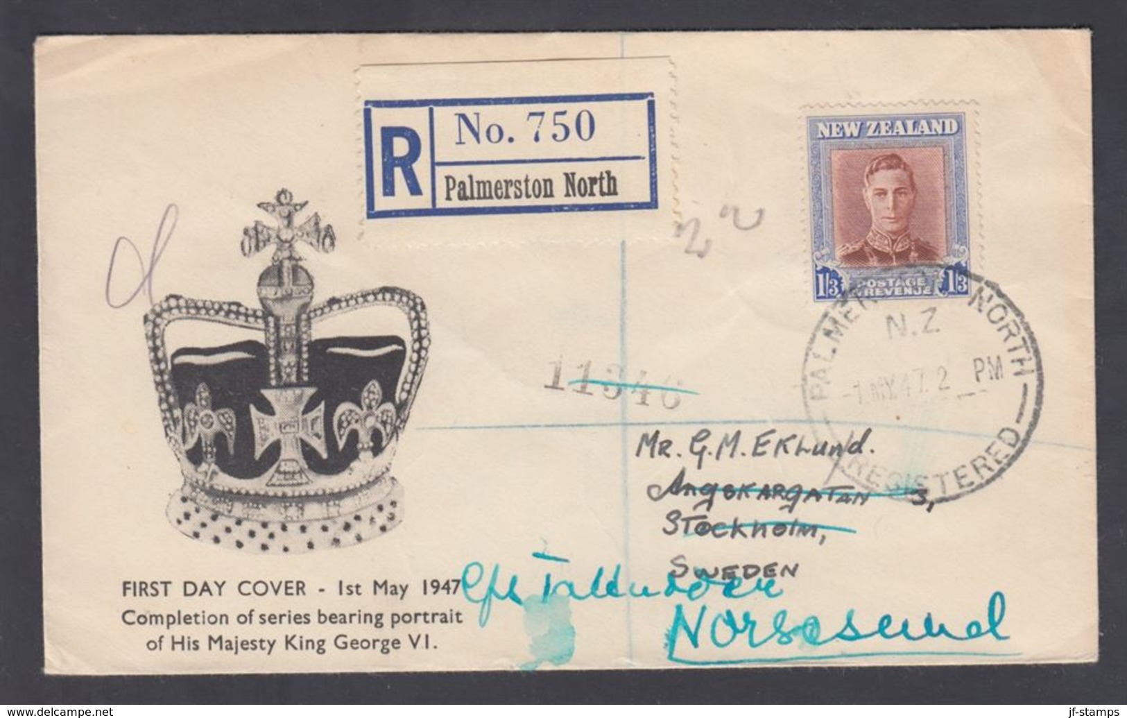 1947. New Zealand. Georg VI 1/3 Sh. On FDC PALMERSTON NORTH -1. MY. 47. Sent To Swede... (MICHEL 296) - JF323588 - Cartas & Documentos