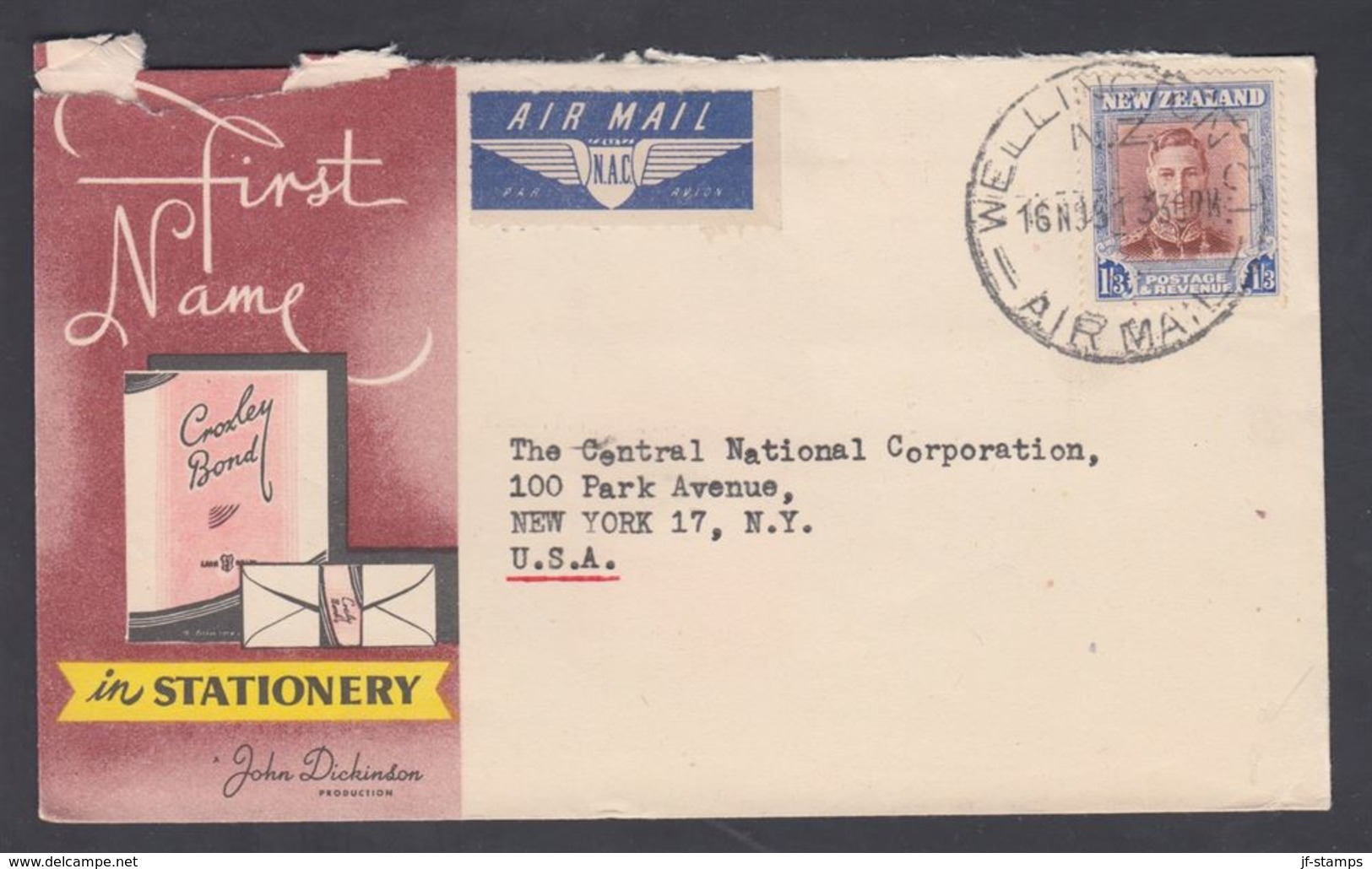 1951. New Zealand. Georg VI 1/3 Sh. On Cover To New York, USA From WELLINGTON 16 NO 5... (MICHEL 296) - JF323589 - Lettres & Documents