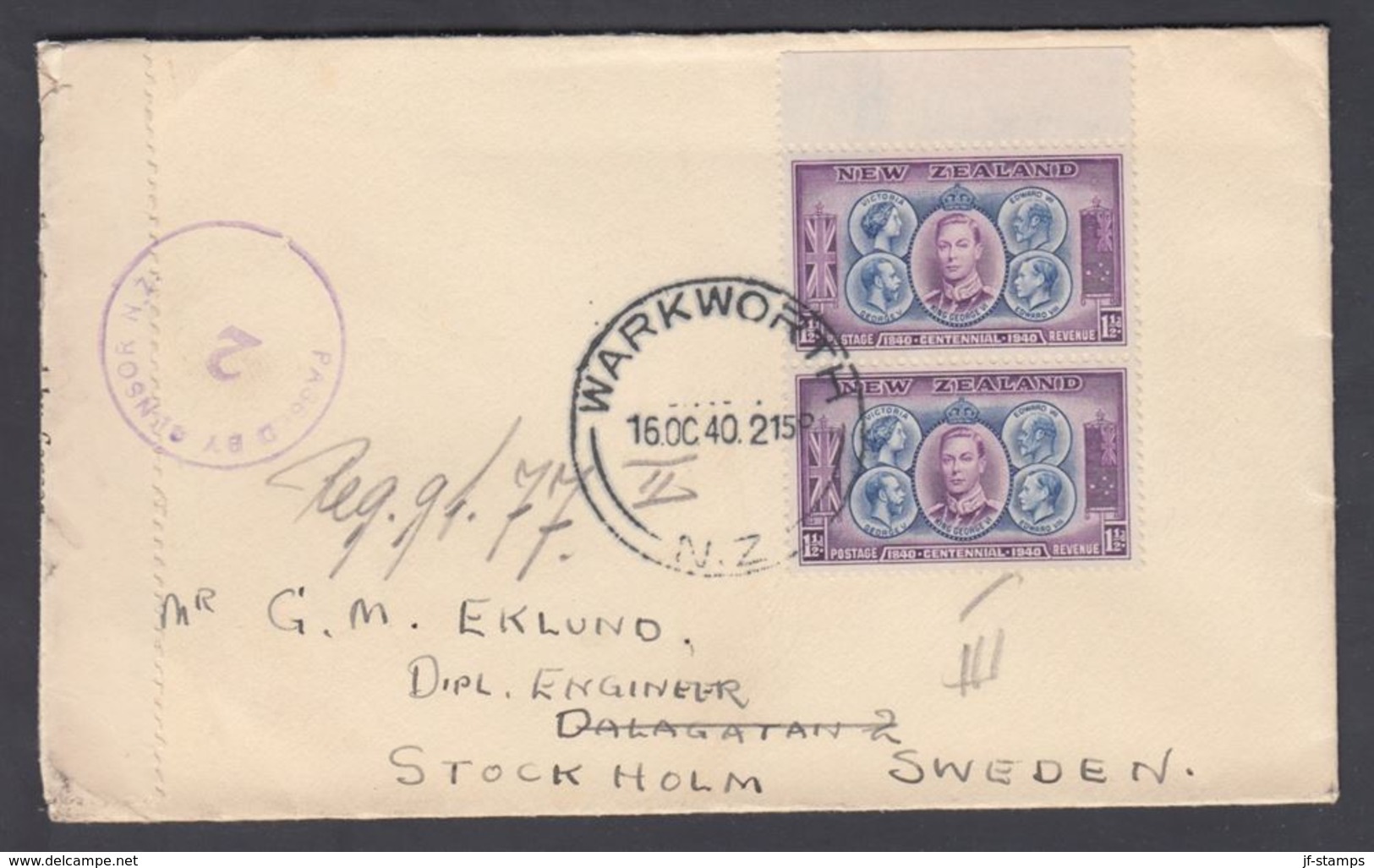 1940. New Zealand. CENTENNIAL OF NEW ZEALAND 2 Ex 1½ D On Cover To Sweden From WARKWO... (MICHEL 255) - JF323596 - Lettres & Documents