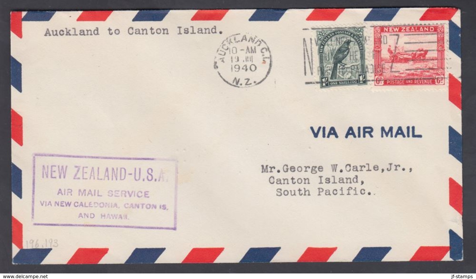 1940. New Zealand. Landscapes 1 Sh. + 6 D. On Cover To Canton Islands, South Pacific ... (MICHEL 223+220) - JF323601 - Covers & Documents