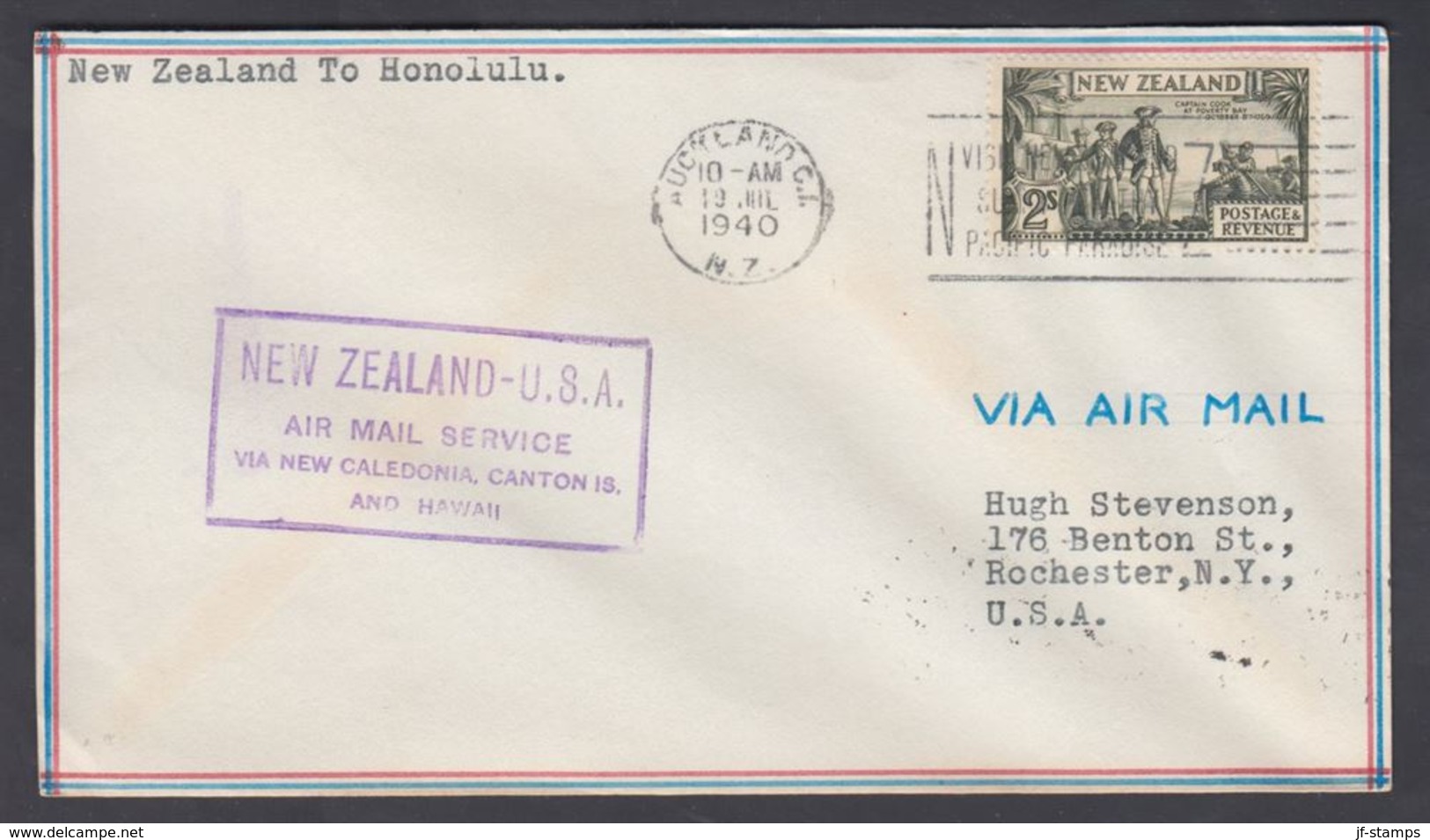 1940. New Zealand. Landscapes 2 Sh. On Cover To Rochester, NY, USA From AUCKLAND 19 J... (MICHEL 224) - JF323602 - Lettres & Documents