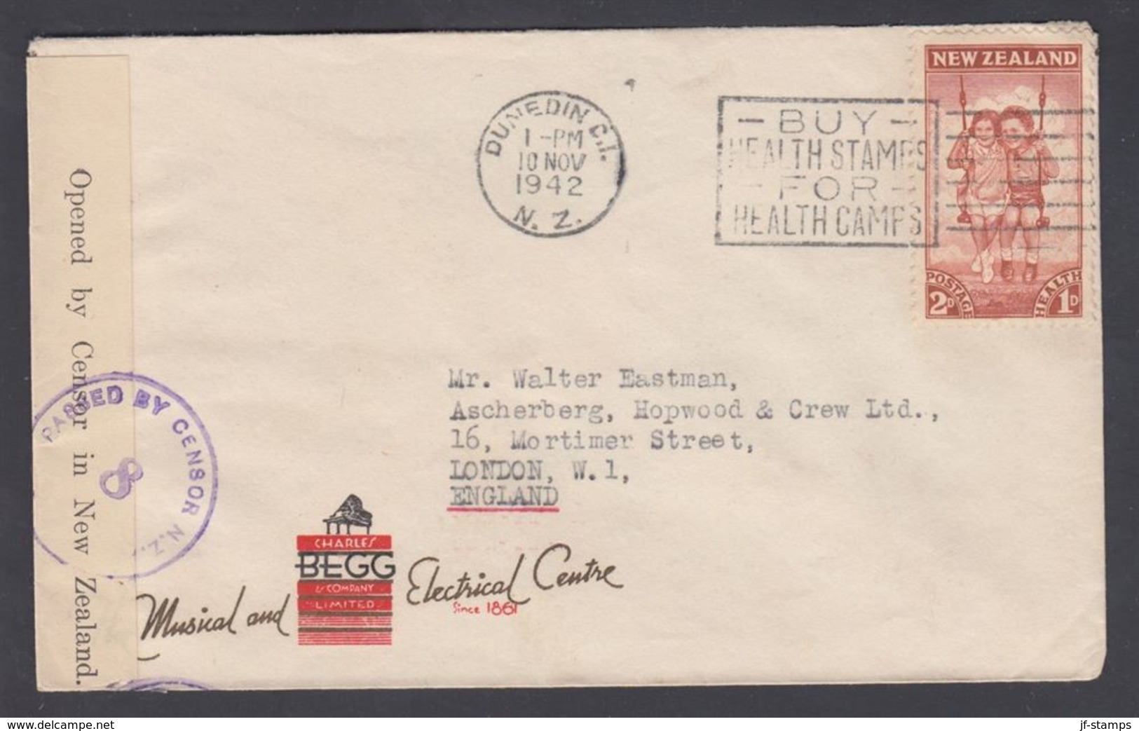 1942. New Zealand. HEALTH CAMPS 2D + 1 D On Cover To London, England From DUNEDIN N.Z... (MICHEL 274) - JF323607 - Brieven En Documenten