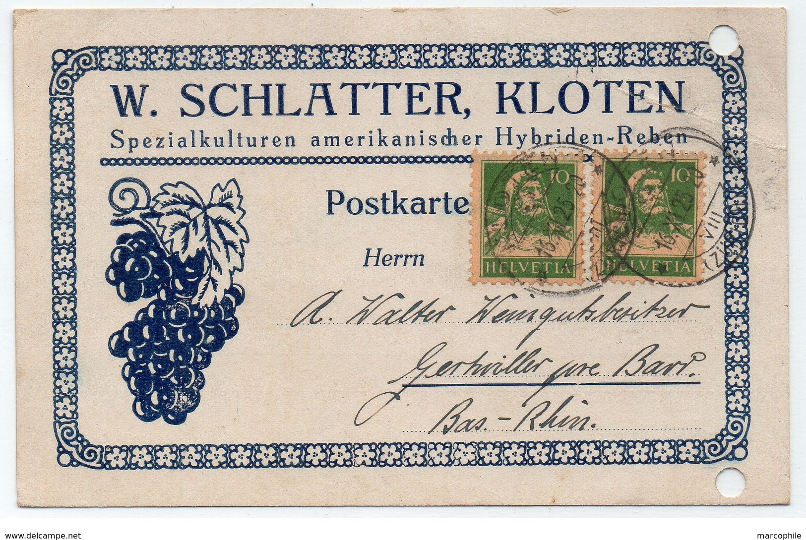 VIGNE - VIN - WINE - WEIN / 1925 KLOTEN SUISSE CARTE COMMERCIALE ILLUSTREE POUR GERTWILLER - ALSACE (ref LE4101) - Wines & Alcohols