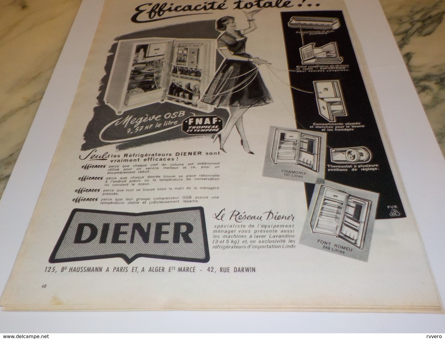 ANCIENNE  PUBLICITE EFFICACITE TOTALE  FRIGO DE DIENER 1960 - Otros Aparatos