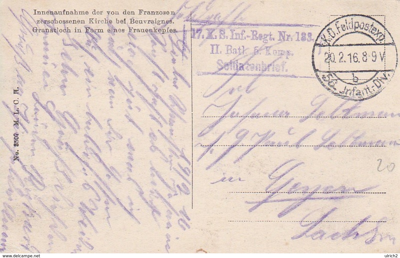 AK Beuvraignes - Innenaufnahme Der Von Den Franzosen Zerschossenen Kirche - Feldpost 17. KS Inf. Rgt. 133 - 1916 (49572) - Beuvraignes