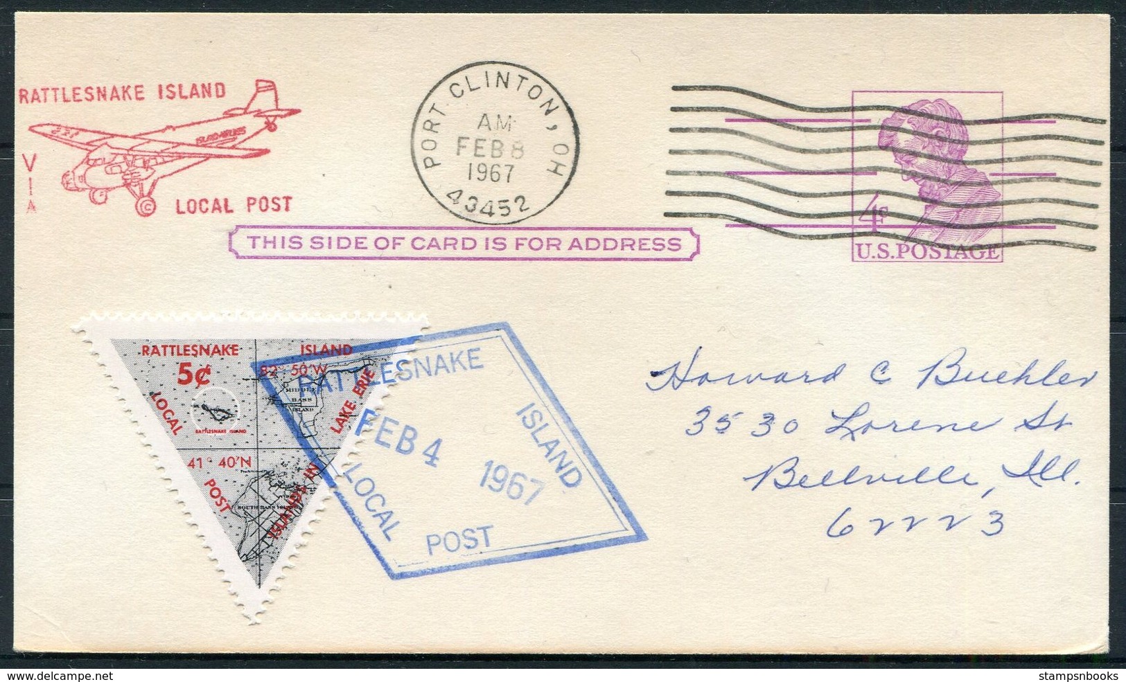 1967 USA Port Clinton, Ohio, Rattlesnake Island, Triangle Local Post, Lincoln Stationery Postcard. - Locals & Carriers