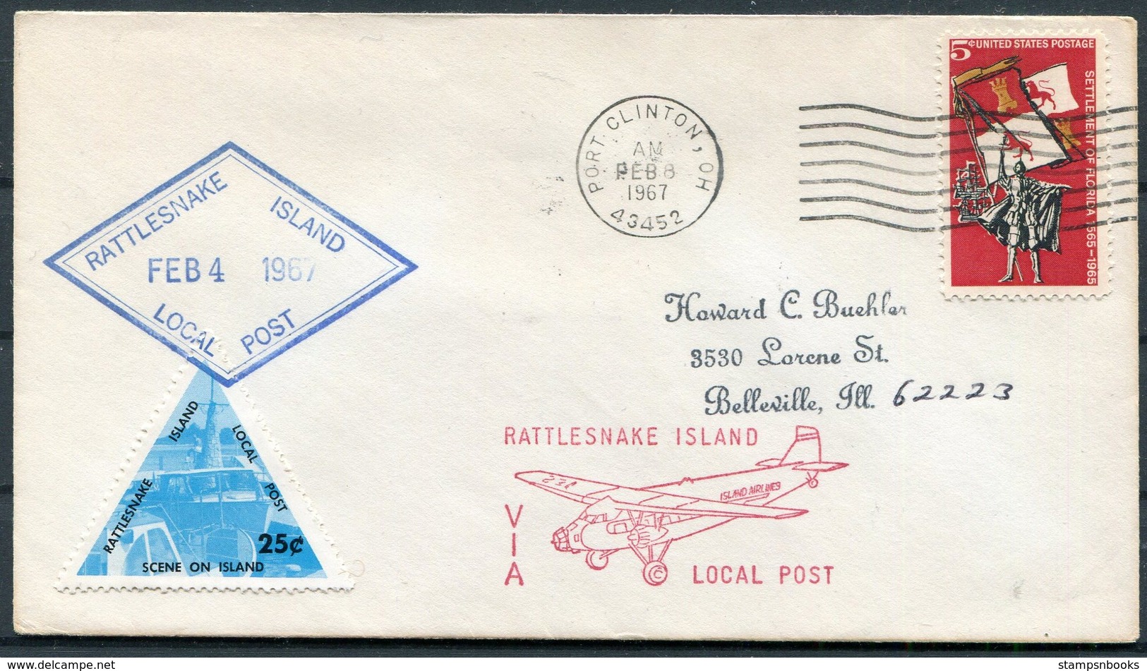 1967 USA Port Clinton, Ohio, Rattlesnake Island, Triangle Local Post, Island Airlines Cover - Locals & Carriers