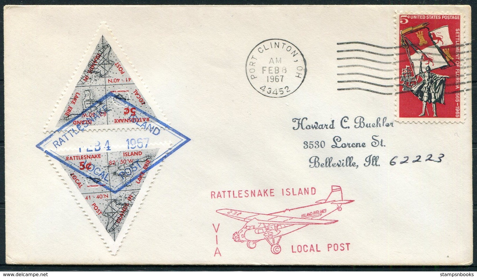 1967 USA Port Clinton, Ohio, Rattlesnake Island, Triangle Local Post, Island Airlines Cover - Lokalausgaben