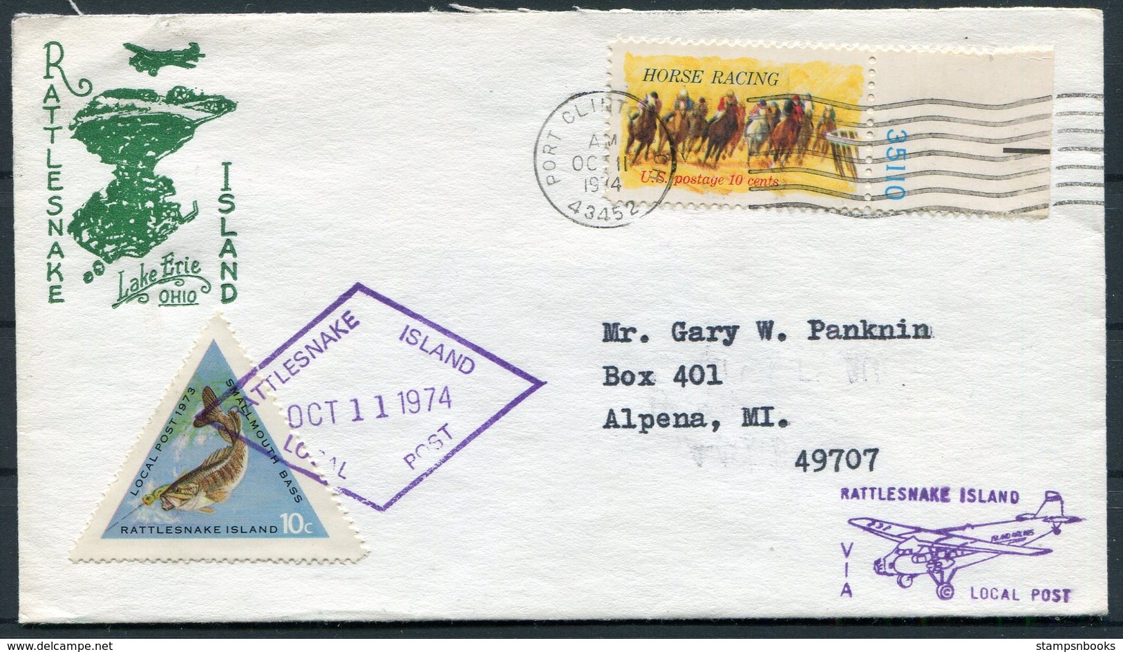 1974 USA Port Clinton, Ohio, Rattlesnake Island, Bass Fish, Triangle Local Post Cover. Island Airways, Lake Erie - Lokalausgaben