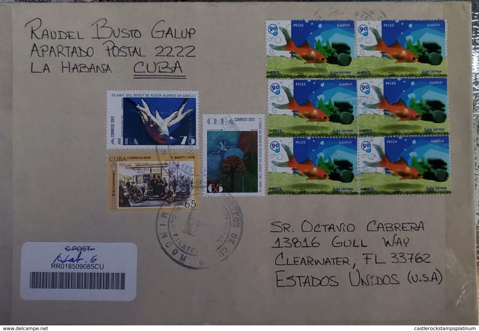 O) 2015 CUBA. CARIBBEAN, DANCE  - BALLET - ALICIA ALONSO, OLD CAR HIKETT 1858, GOLDFISH, REGISTERED TO USA - Cartas & Documentos