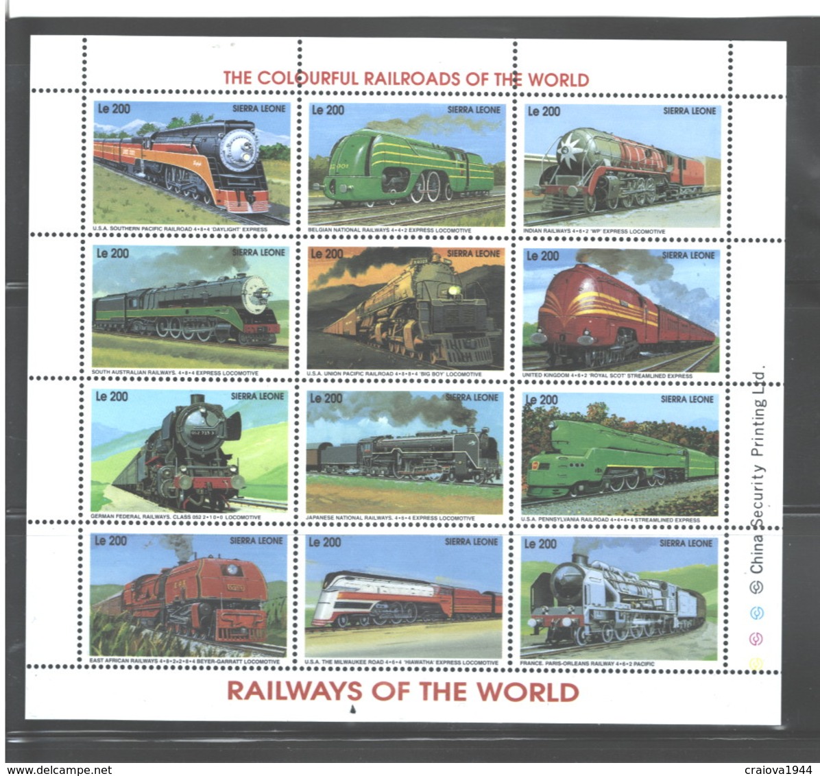 SIERRA LEONE  1995  "TRAINS"  M.S.  #1851a - L  MNH - Sierra Leone (1961-...)