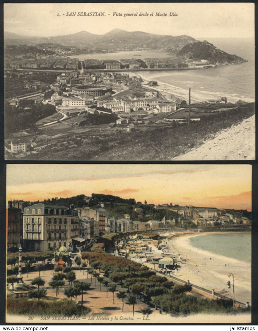 SPAIN: SAN SEBASTIAN: 2 Old Postcards With View Of La Concha + Panorama, Both Unused, VF! - Autres & Non Classés