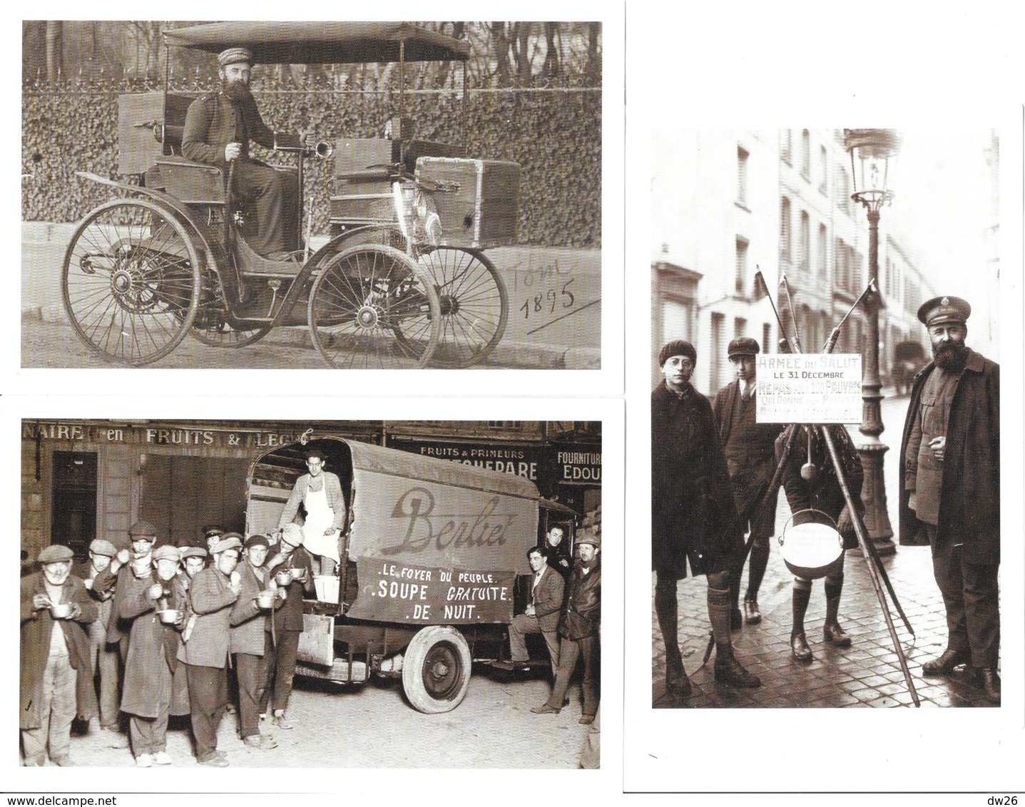 Lot De 3 Photos: Armée Du Salut: Soupe Gratuite, Repas Pour 100 Pauvres, Automobile "vis à Vis" 1895 - Other & Unclassified