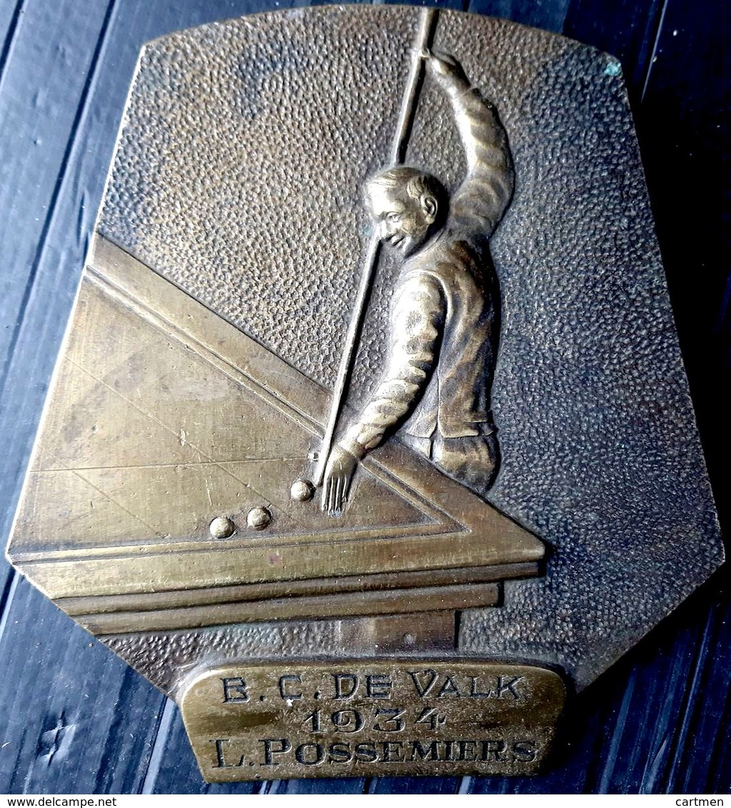 BILLARD TROPHEE EN BRONZE DE CHAMPION DE BILLARD DECERNE A  B C DE VALK L POSSEMIERS 1934 SIGNE MARTENS - Bronzen