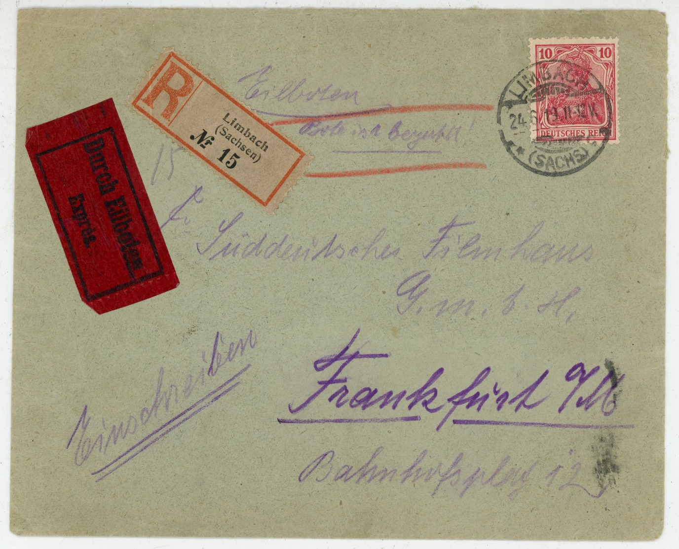 Nr. 84 (20 X) MIF Einschreiben Aus Limbach 1919 - Briefe U. Dokumente