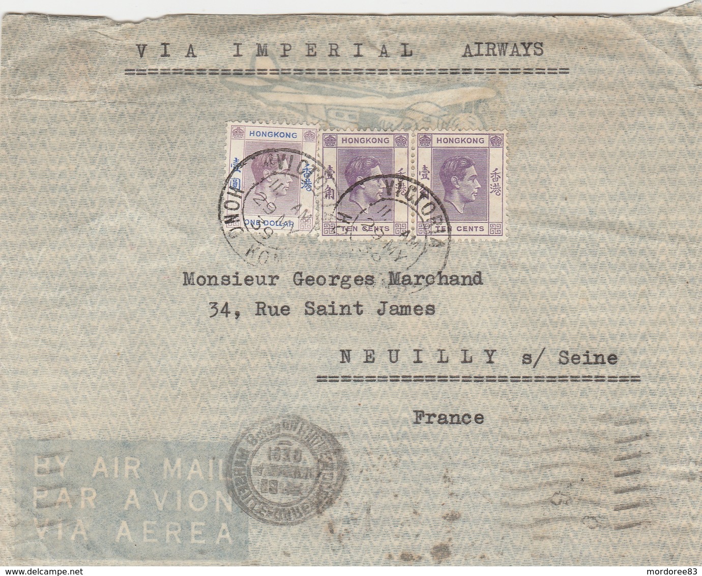 HONG KONG GEORGE VI 1 DOLLAR + PAIRE 10 C YT 153+145 SUR LETTRE VIA IMPERIAL AIRWAYS VICTORIA 29/5/39 FRANCE NEUILLY S/S - Covers & Documents