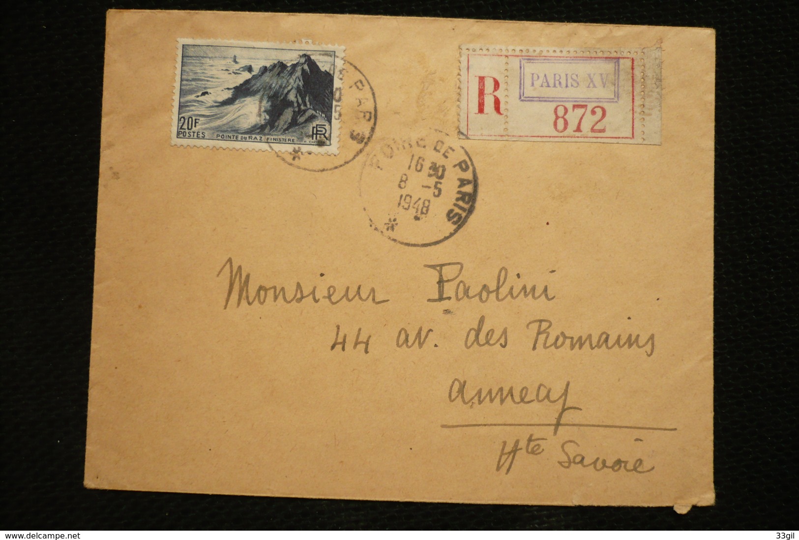 N°764 Pointe Du Raz Seul Sur Lettre Recommandée Cachet Foire De Paris 8/5/1948 Paris 15 - Cachets Manuels