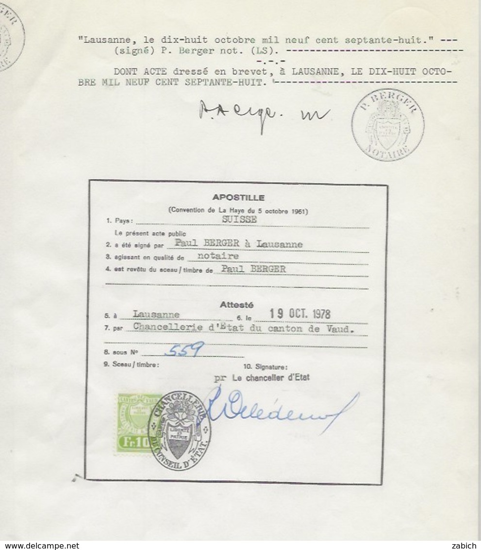 FISCAUX SUISSE CANTON DE VAUD 2 FR BRUN 10FR VERT 1978 - Revenue Stamps