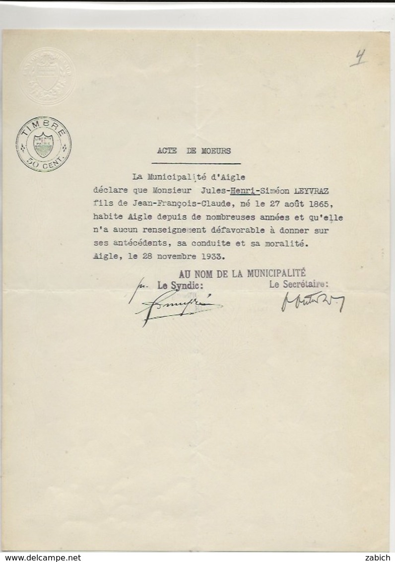 FISCAUX SUISSE CANTON DE VAUD Papier Timbre à 50 C 1933 - Fiscaux