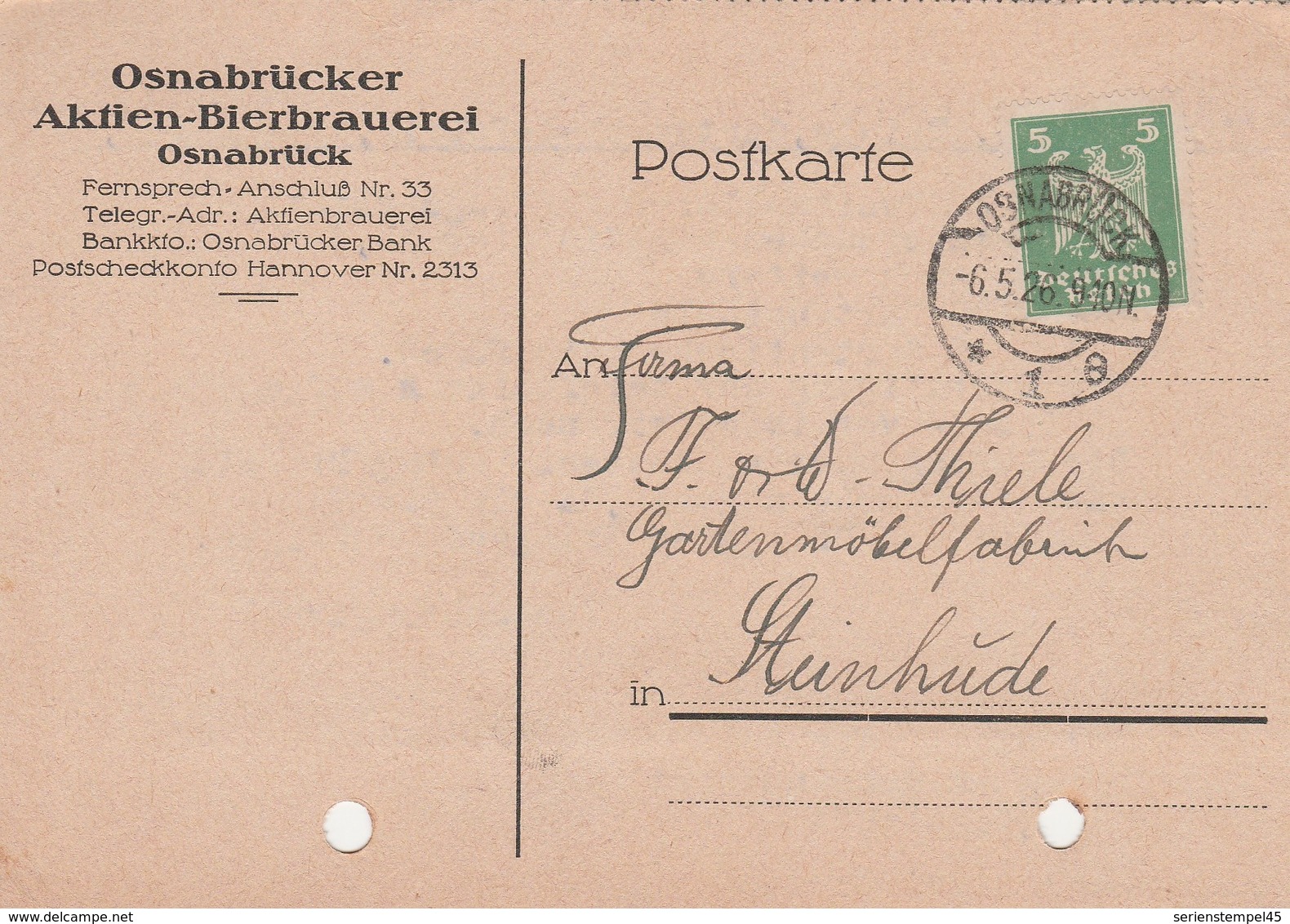 Deutsches Reich Firmenkarte Brauerei Bier Osnabrücker Aktien Bierbrauerei Osnabrück 1926 - Covers & Documents