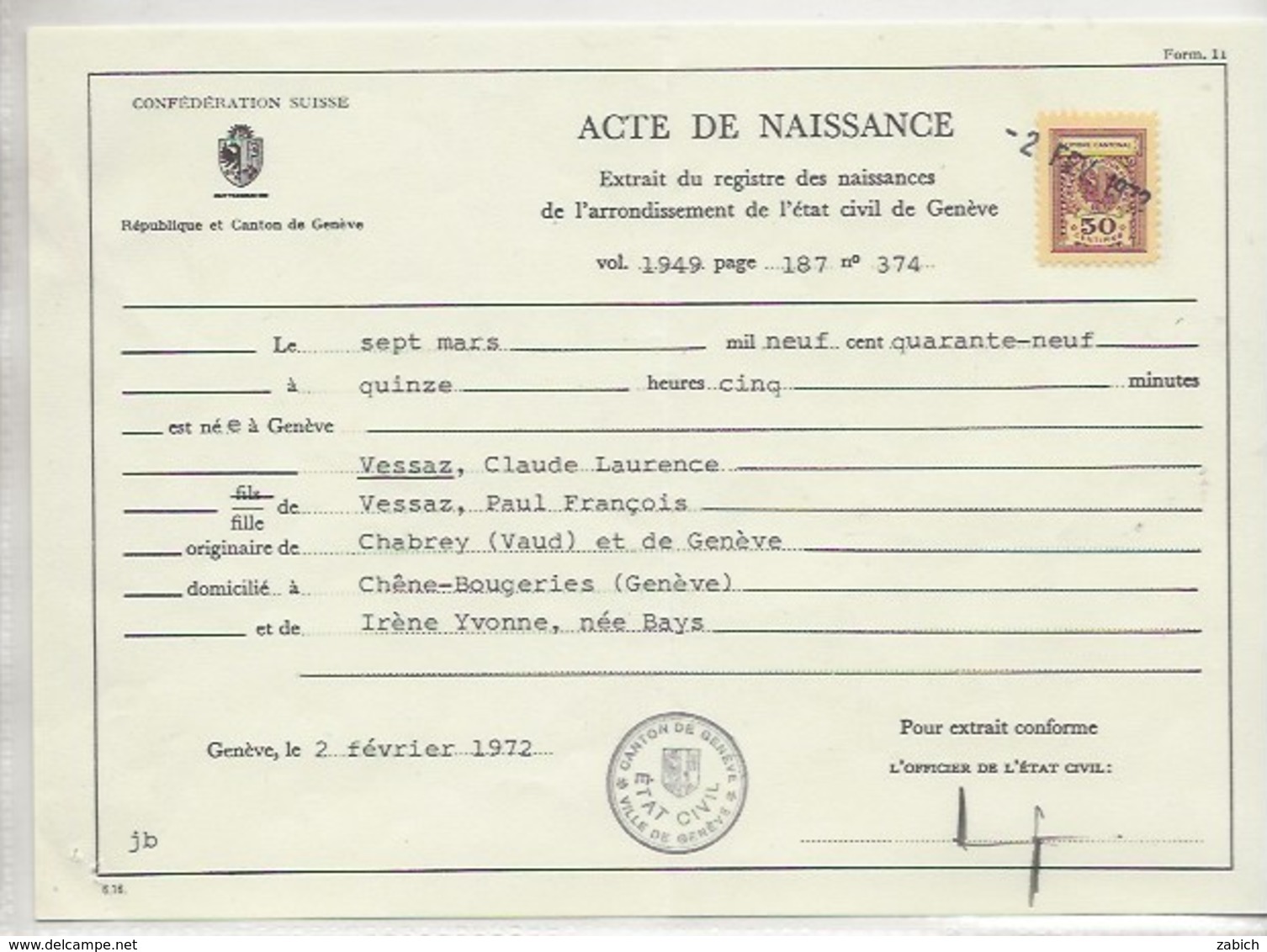 FISCAUX SUISSE CANTON DE GENEVE 50 C  1972 - Steuermarken