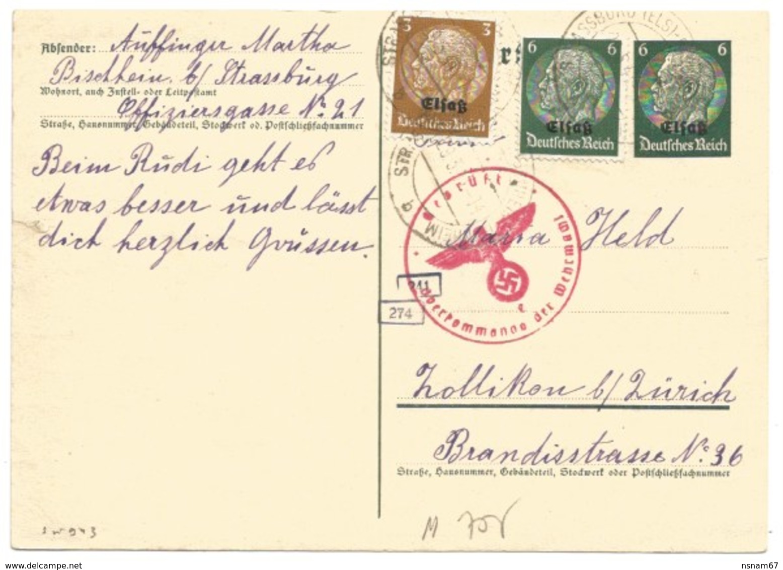 Sk943 - STRASSBURG - 1941 - Tarif 15 Pfennig Tarif CP Pour La Suisse - STRASBOURG - Censure - - Lettres & Documents