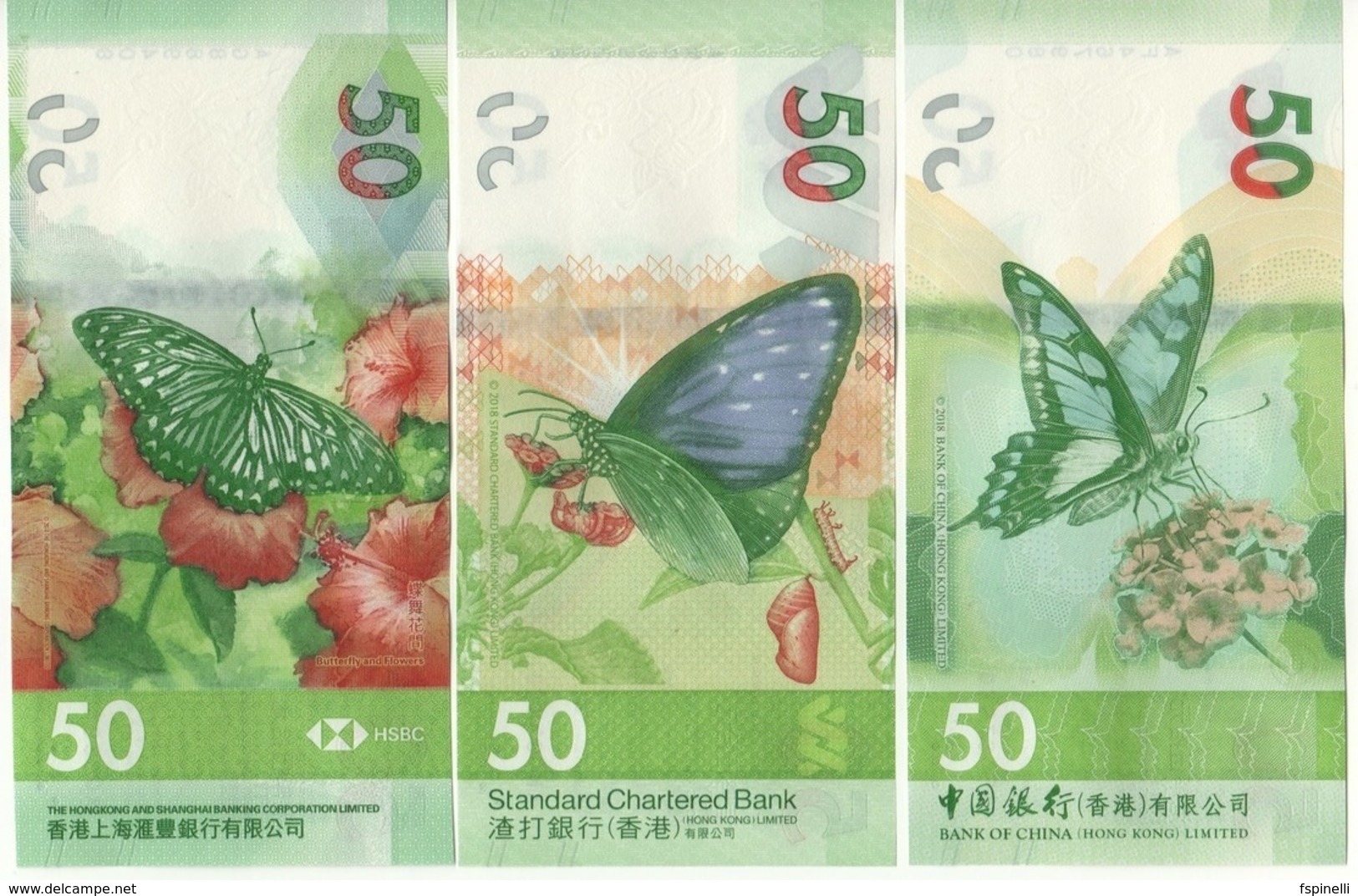HONG KONG  New $ 50 X 3 Notes. Attractive Butterfly Serie  Newly Issued. Date S 1.1.2018.  (issued 2020)  3 Banks - Hong Kong