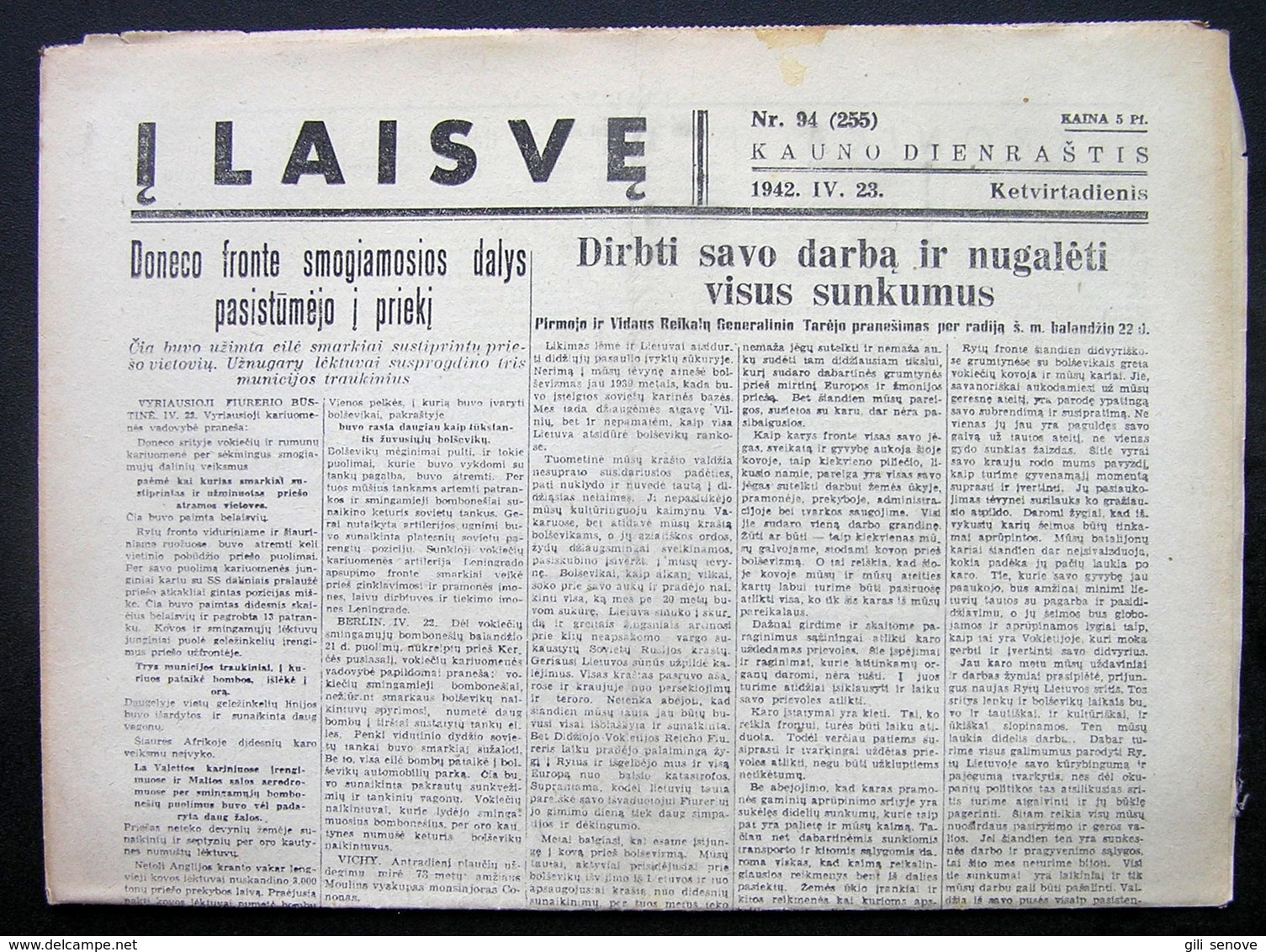 Lithuanian Newspaper/ Į Laisvę No. 35 1942.04.23 - Informations Générales