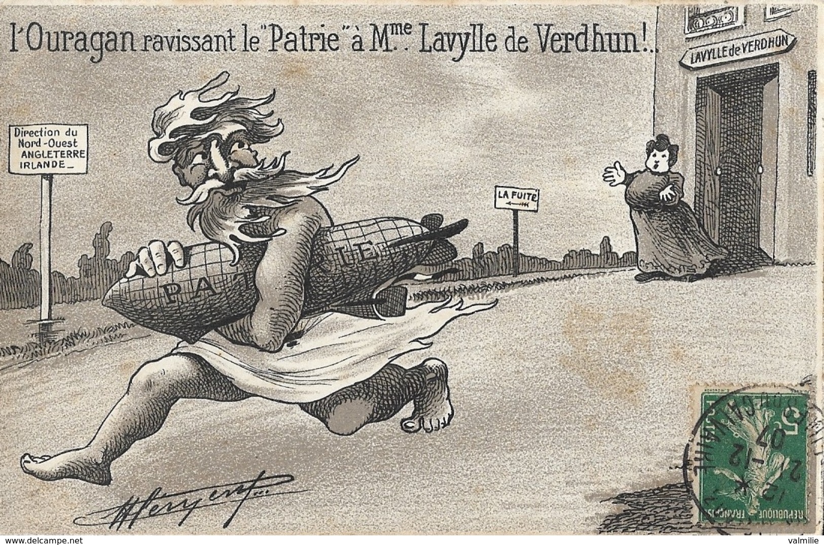 L'Ouragan Ravissant Le "Patrie"... (carte Signée Au Verso Par Son Illustrateur) - Humour