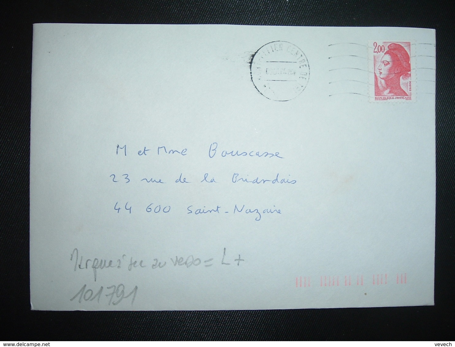 LETTRE TP LIBERTE 2,00 ROUGE OBL.MEC.09.01.84 34 MONTPELLIER CENTRE DE TRI + TRI INDEXATION BARRES ROSES Marque à Sec L+ - Storia Postale