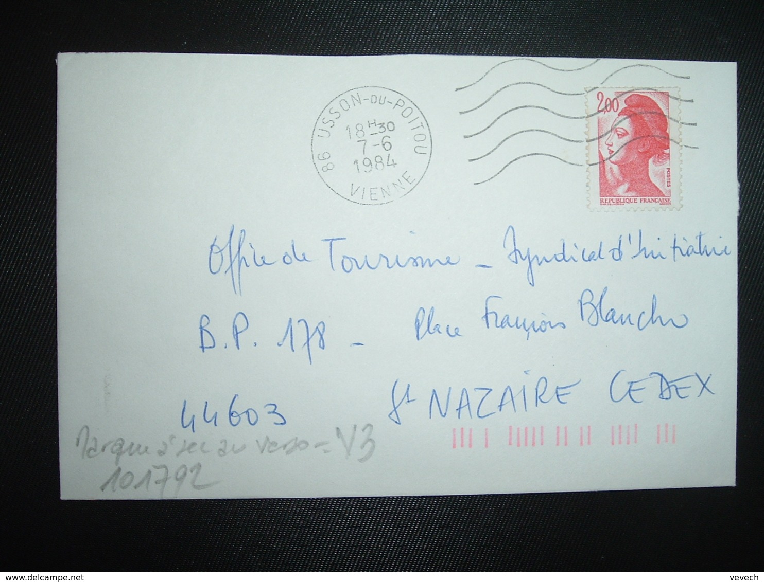 LETTRE TP LIBERTE 2,00 ROUGE OBL.MEC.7-6 1984 86 USSON DU POITOU + TRI INDEXATION BARRES ROSES Marque à Sec V3 - Covers & Documents