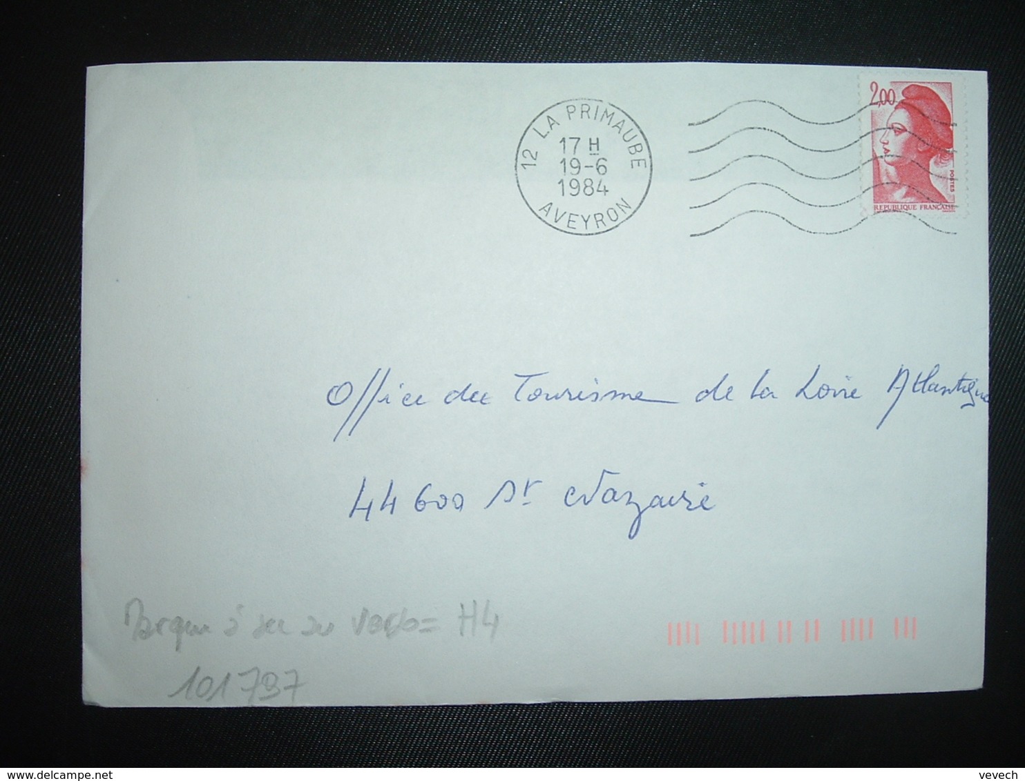 LETTRE TP LIBERTE 2,00 ROUGE OBL.MEC.19-6 1984 12 LA PRIMAUBE + TRI INDEXATION BARRES ROSES Marque à Sec H4 - Storia Postale