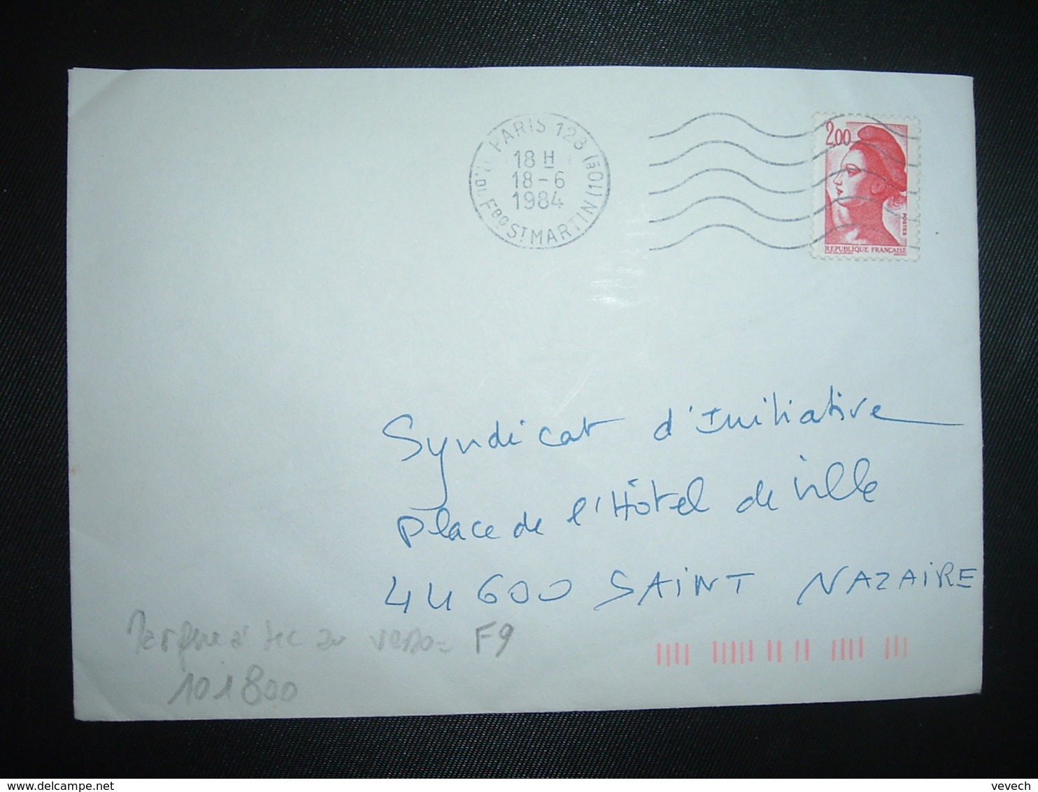 LETTRE TP LIBERTE 2,00 ROUGE OBL.MEC.18-6 1984 PARIS 128 + TRI INDEXATION BARRES ROSES Marque à Sec F9 - Storia Postale