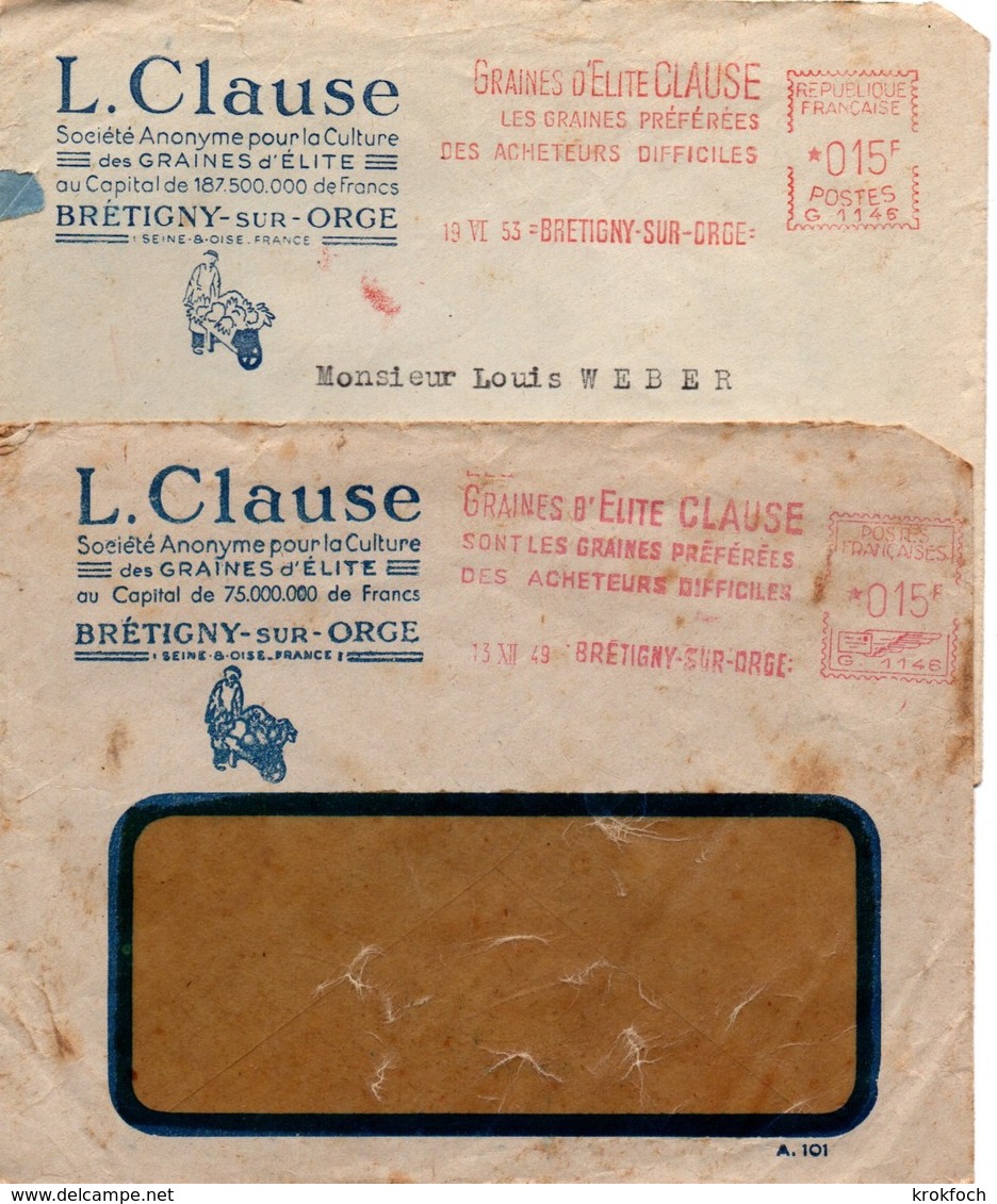 Graines D'élite Clause 1949 & 1953 - 2 EMA Différentes - Brétigny-sur-Orge - EMA (Printer Machine)