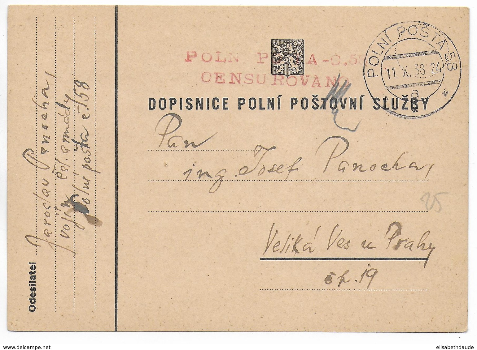 TCHECOSLOVAQUIE - 1938 - MOBILISATION APRES ANNEXION SUDETES  ! CP MILITAIRE FM POLNI POSTA C58 Avec CENSURE ! - Cartas & Documentos