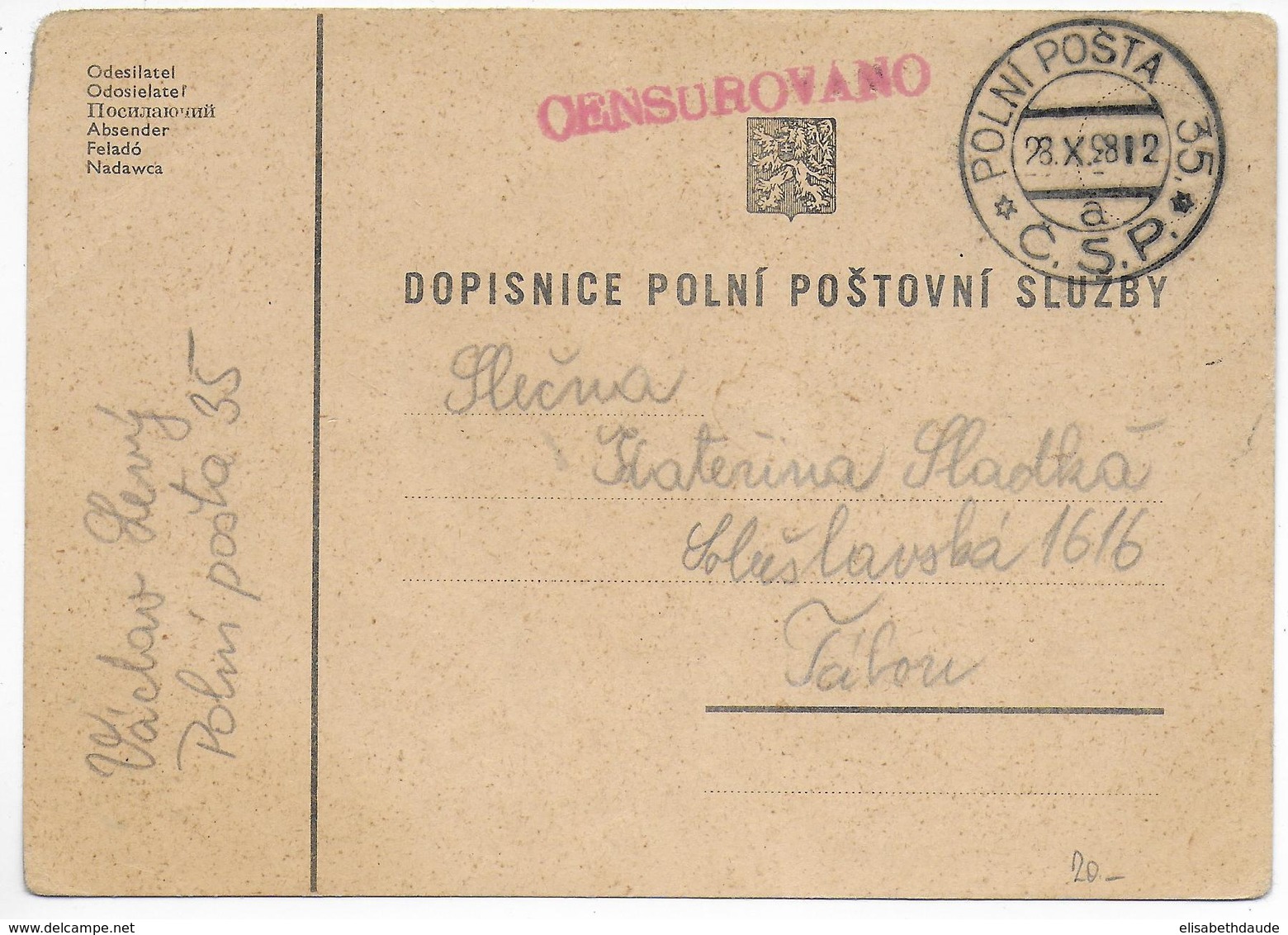 TCHECOSLOVAQUIE - 1938 - MOBILISATION APRES ANNEXION SUDETES  ! CP MILITAIRE FM POLNI POSTA 35 Avec CENSURE ! - Lettres & Documents