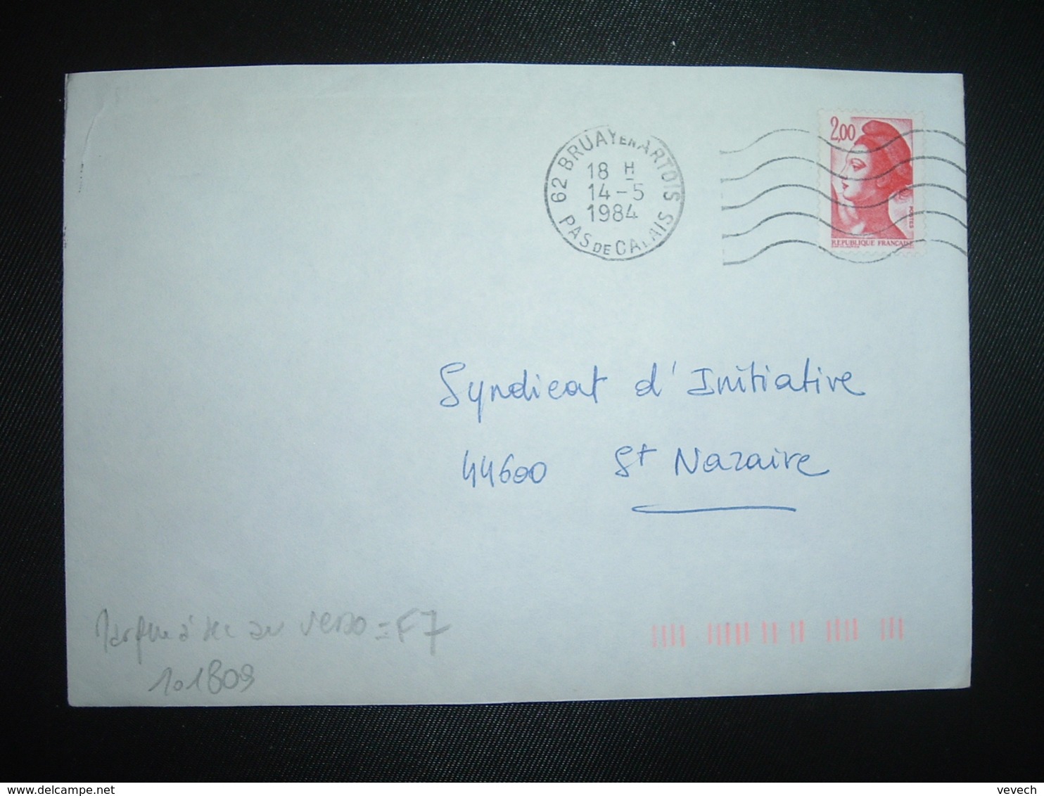 LETTRE TP LIBERTE 2,00 ROUGE OBL.MEC.14-5 1984 62 BRUAY EN ARTOIS + TRI INDEXATION BARRES ROSES Marque à Sec F7 - Storia Postale