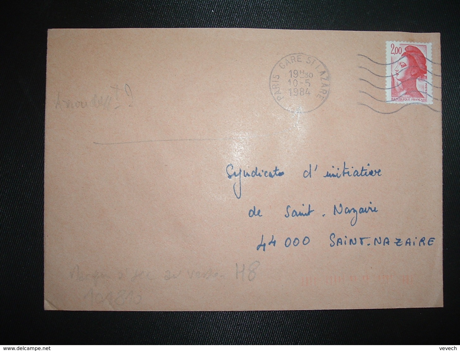 LETTRE TP LIBERTE 2,00 ROUGE OBL.MEC.10-5 1984 PARIS GARE ST LAZARE + TRI INDEXATION BARRES ROSES Marque à Sec H8 - Lettres & Documents