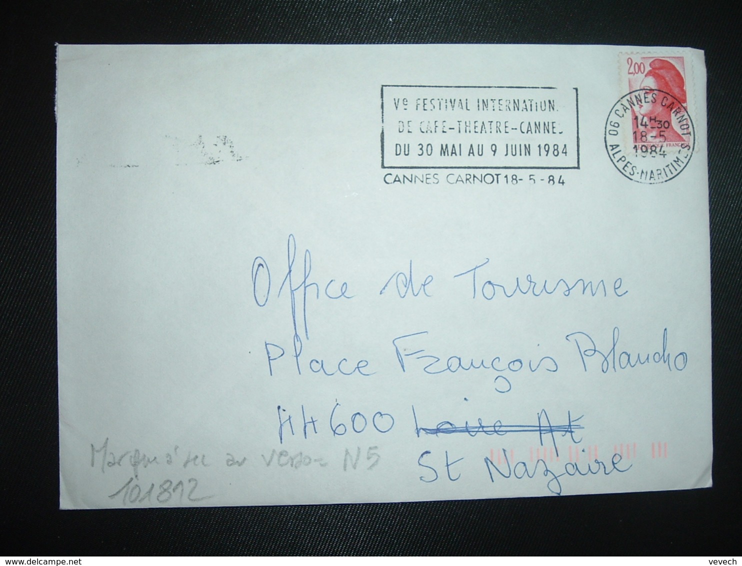 LETTRE TP LIBERTE 2,00 ROUGE OBL.MEC.18-5 1984 06 CANNES CARNOT + TRI INDEXATION BARRES ROSES Marque à Sec N5 - Storia Postale