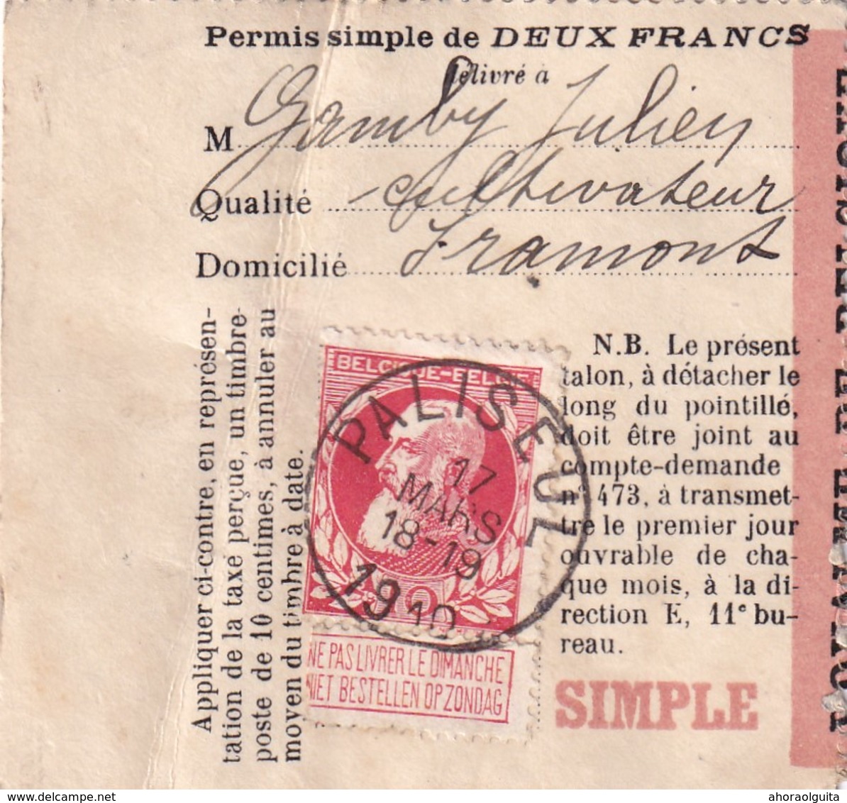 DDX 034 -- Permis De Peche 2 Francs TP Grosse Barbe 74 PALISEUL 1910 - Post-Faltblätter