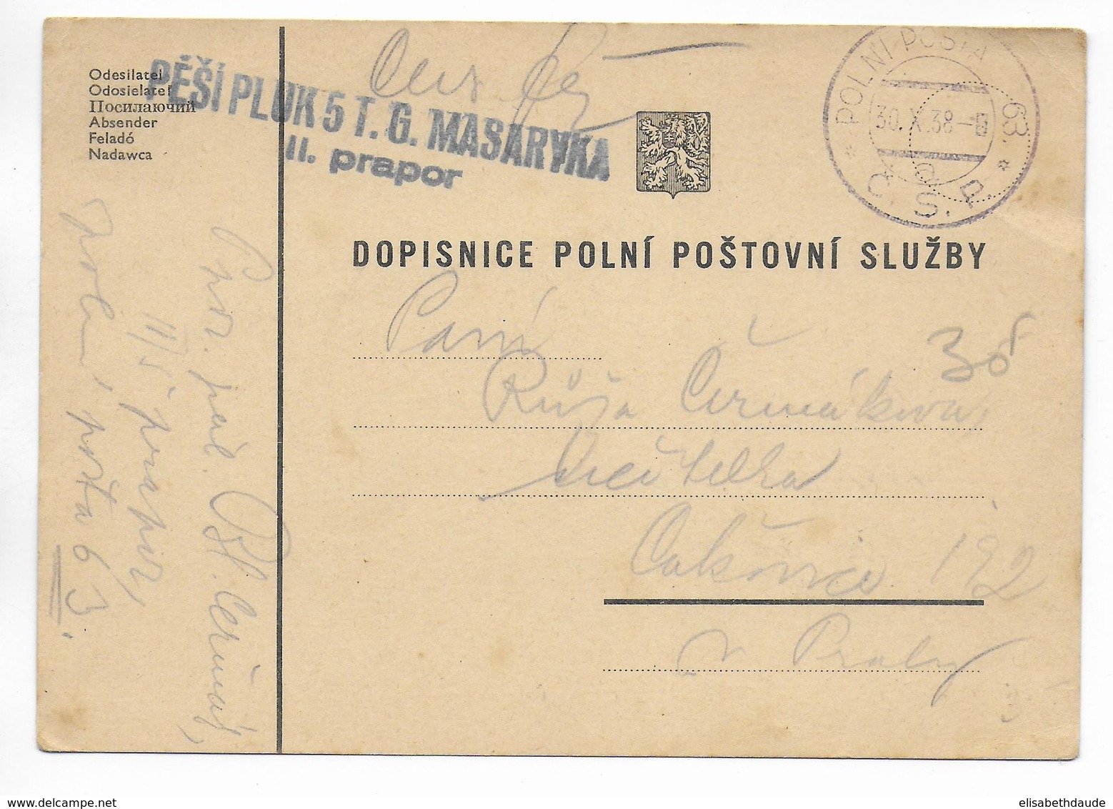 TCHECOSLOVAQUIE - 1938 - MOBILISATION APRES ANNEXION SUDETES  ! CP MILITAIRE FM POLNI POSTA 63 VIOLET ! - Covers & Documents