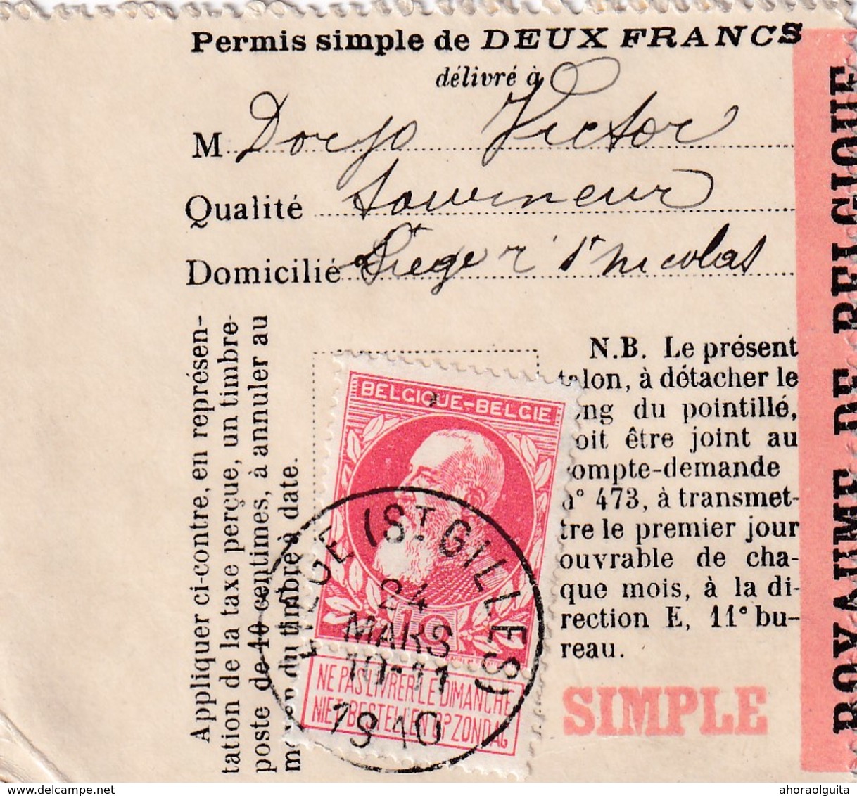 DDX 038 -- Permis De Peche 2 Francs TP Grosse Barbe 74 LIEGE (St Gilles) 1910 - Post Office Leaflets