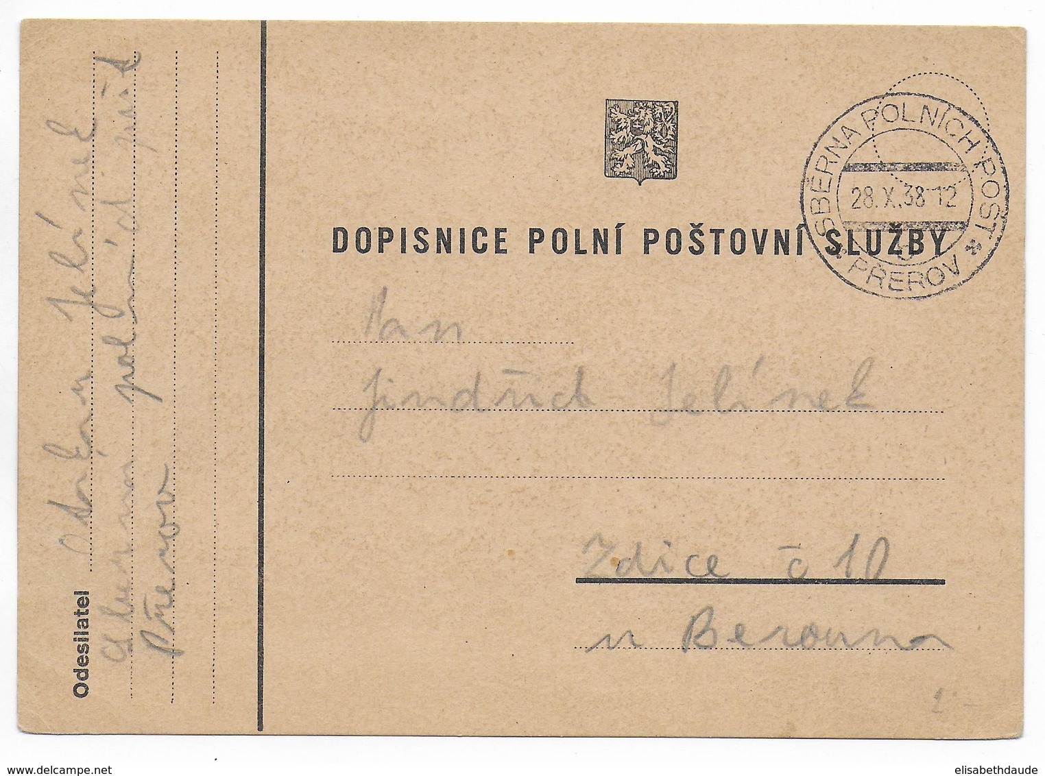 TCHECOSLOVAQUIE - 1938 - MOBILISATION APRES ANNEXION SUDETES  ! CP MILITAIRE FM POLNI POSTA PREROV ! - Lettres & Documents