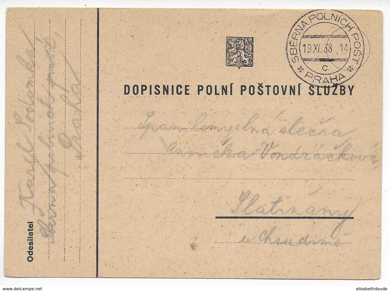 TCHECOSLOVAQUIE - 1938 - MOBILISATION APRES ANNEXION SUDETES  ! CP MILITAIRE FM POLNI POSTA PRAHA ! - Covers & Documents