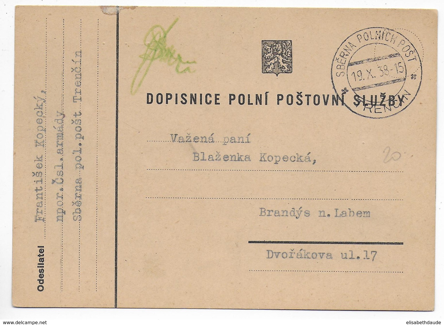 TCHECOSLOVAQUIE - 1938 - MOBILISATION APRES ANNEXION SUDETES  ! CP MILITAIRE FM POLNI POSTA TRENCIN ! - Covers & Documents