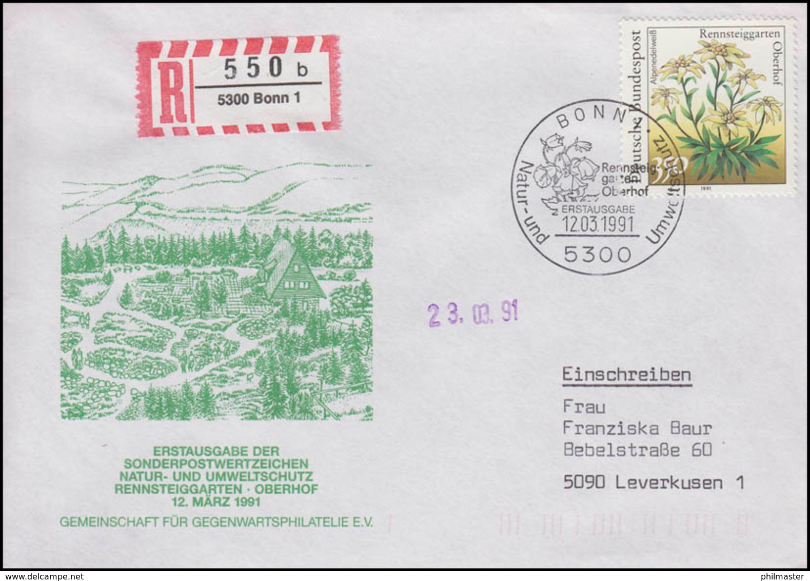 1509 Rennsteiggarten Alpenedelweiß EF R-FDC ESSt Bonn Umweltschutz 12.3.1991 - Altri & Non Classificati