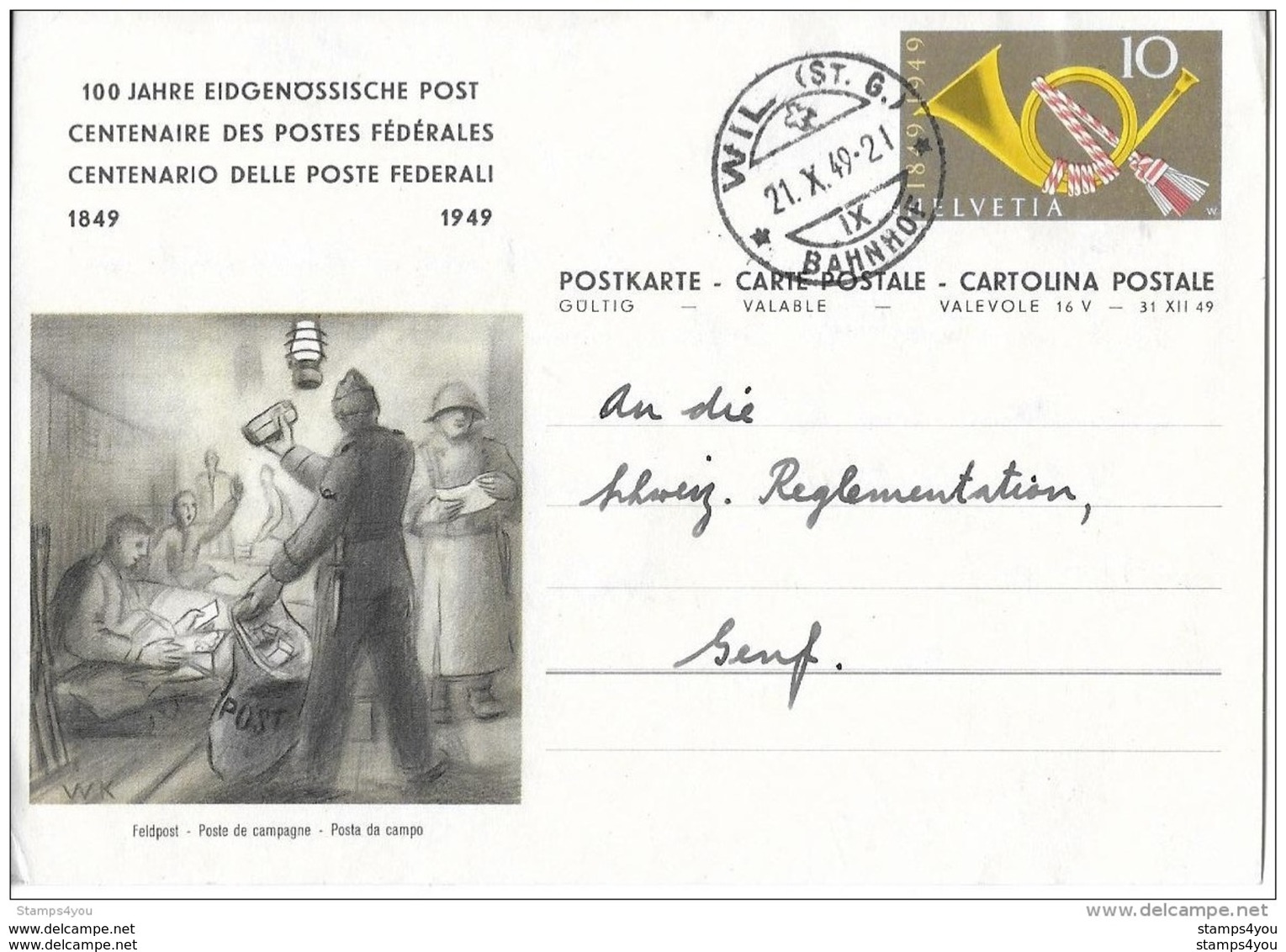 21 - 70 - Entier Postal  "100 Ans Postes Fédérales" Cachet à Date Wil 1949 - Enteros Postales